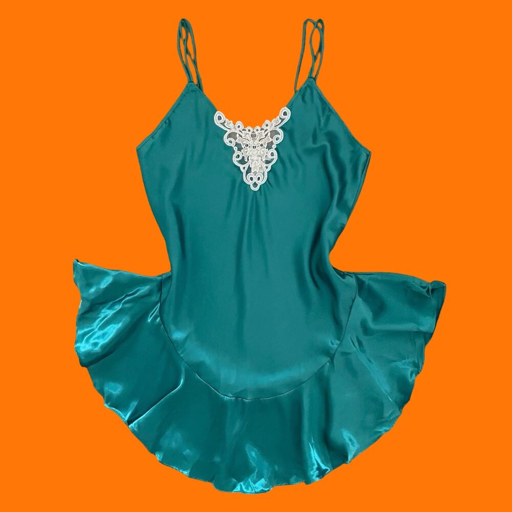 90's vintage teal satin lace coquette lingerie slip dress MEDIUM cinema etoile